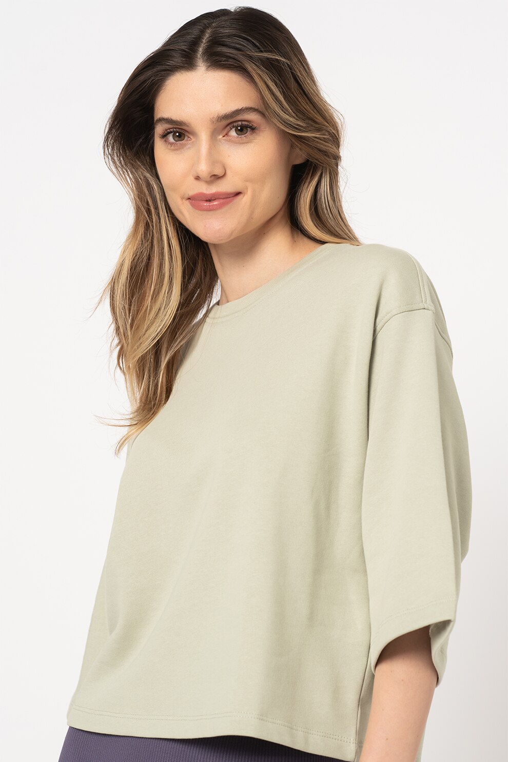 Vero Moda, Bluza sport din bumbac organic cu maneci 3/4 Prime, Verde fistic