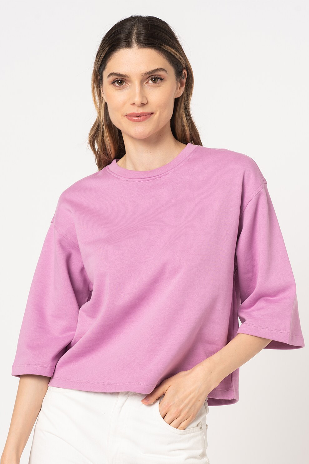 Vero Moda, Bluza sport din bumbac organic cu maneci 3/4 Prime, Roz