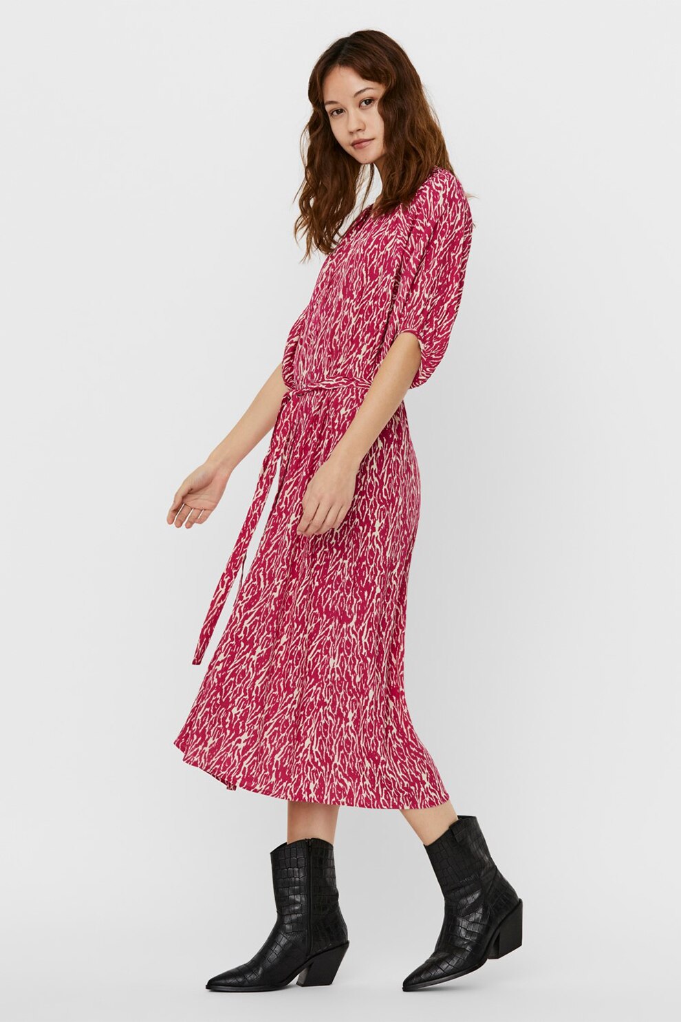 Vero Moda, Rochie-camasa midi evazata cu prindere cu cordon Pilou, Roz aprins/Crem