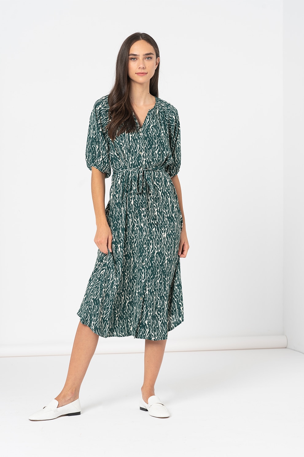 Vero Moda, Rochie-camasa midi evazata cu prindere cu cordon Pilou, Verde/Alb prafuit