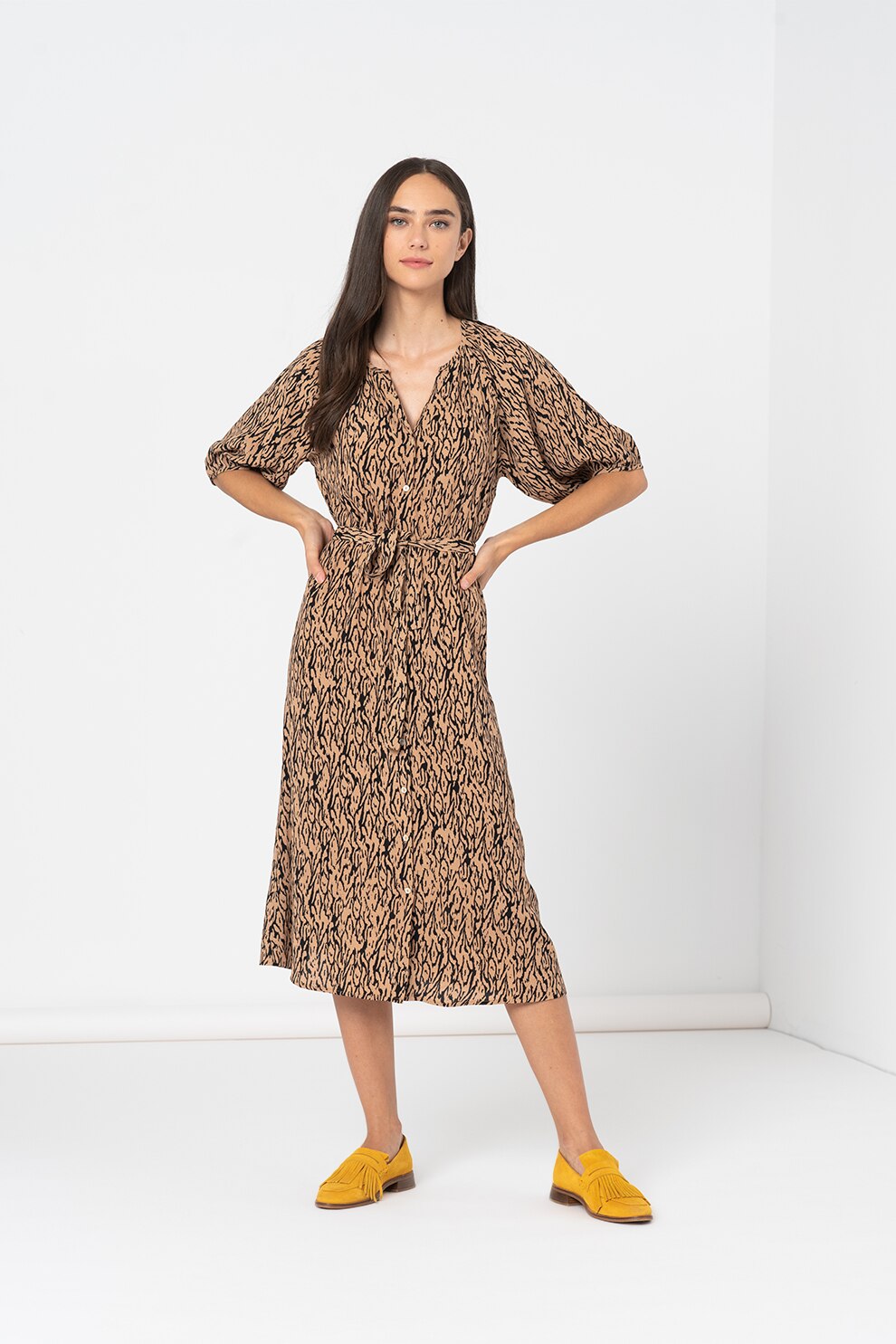 Vero Moda, Rochie-camasa midi evazata cu prindere cu cordon Pilou, Kaki/Negru