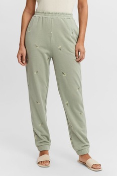 Vero Moda, Pantaloni sport cu talie inalta si broderie florala, Gri Vero Moda, Pantaloni sport cu talie inalta si broderie florala, Gri
