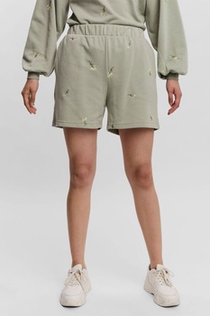 Vero Moda, Pantaloni sport scurti cu talie inalta si broderie florala, Gri Vero Moda, Pantaloni sport scurti cu talie inalta si broderie florala, Gri
