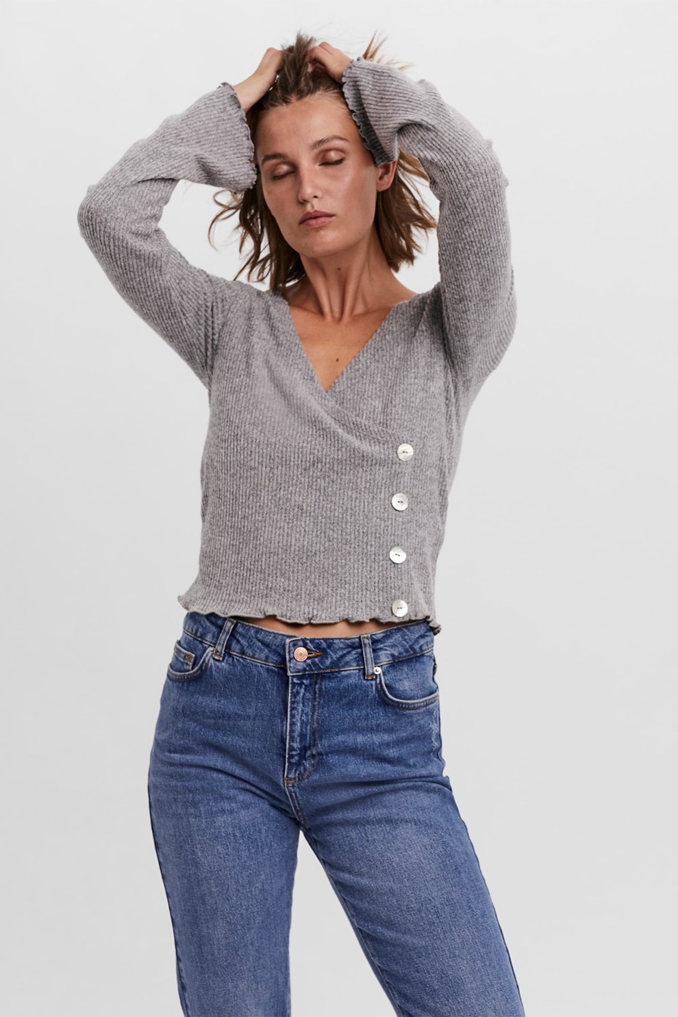 Vero Moda, Pulover cu striatii si decolteu cache coeur Tia, Gri melange