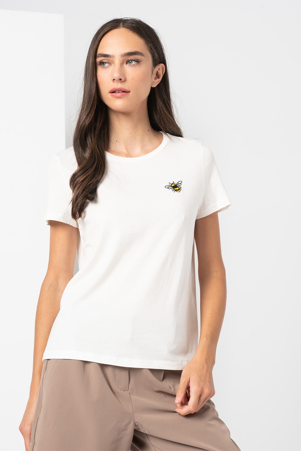 Vero Moda, Tricou cu broderie pe piept Ann Francis, Alb/Negru/Galben