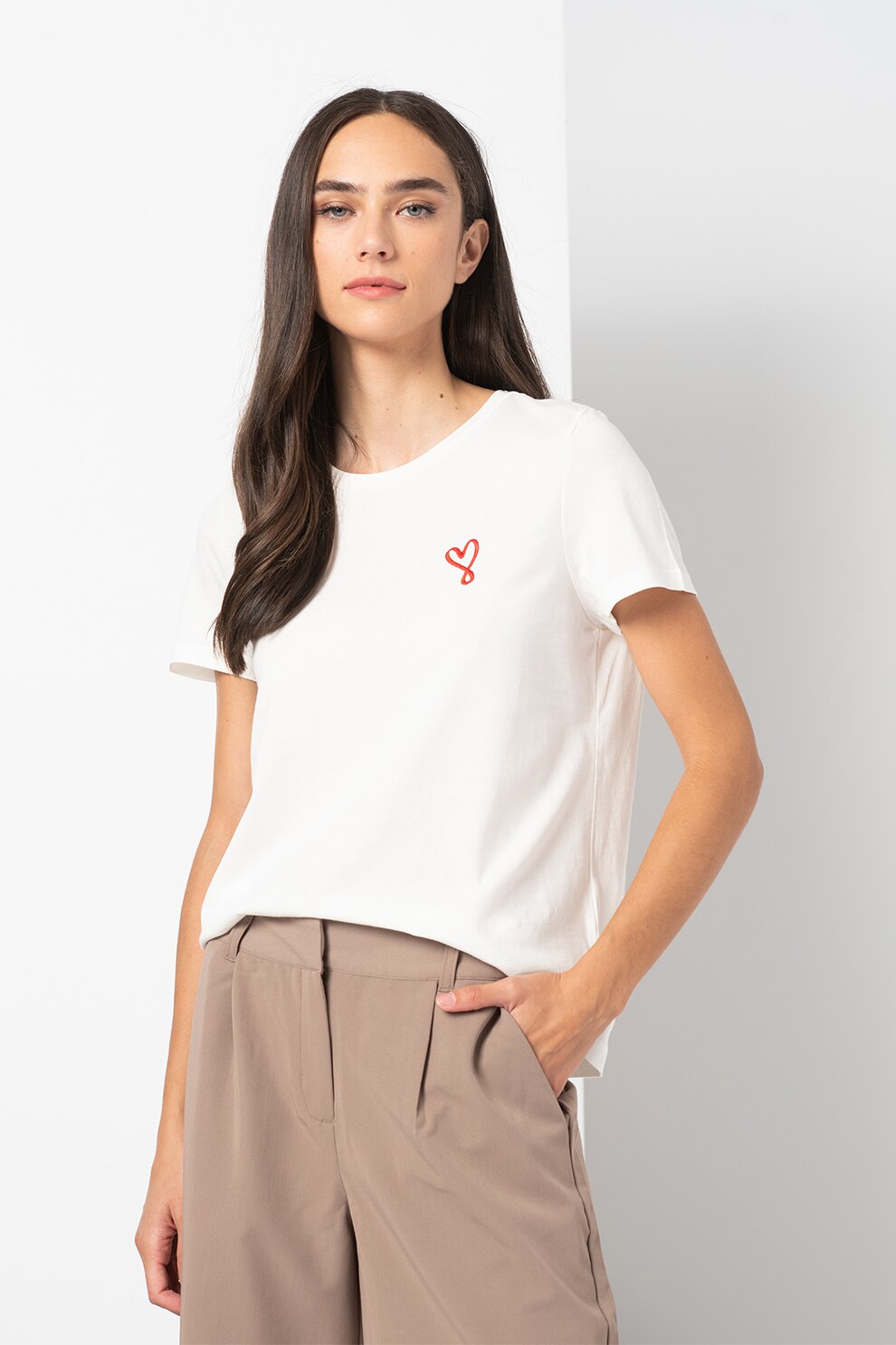 Vero Moda, Tricou cu broderie pe piept Ann Francis, Alb/Rosu