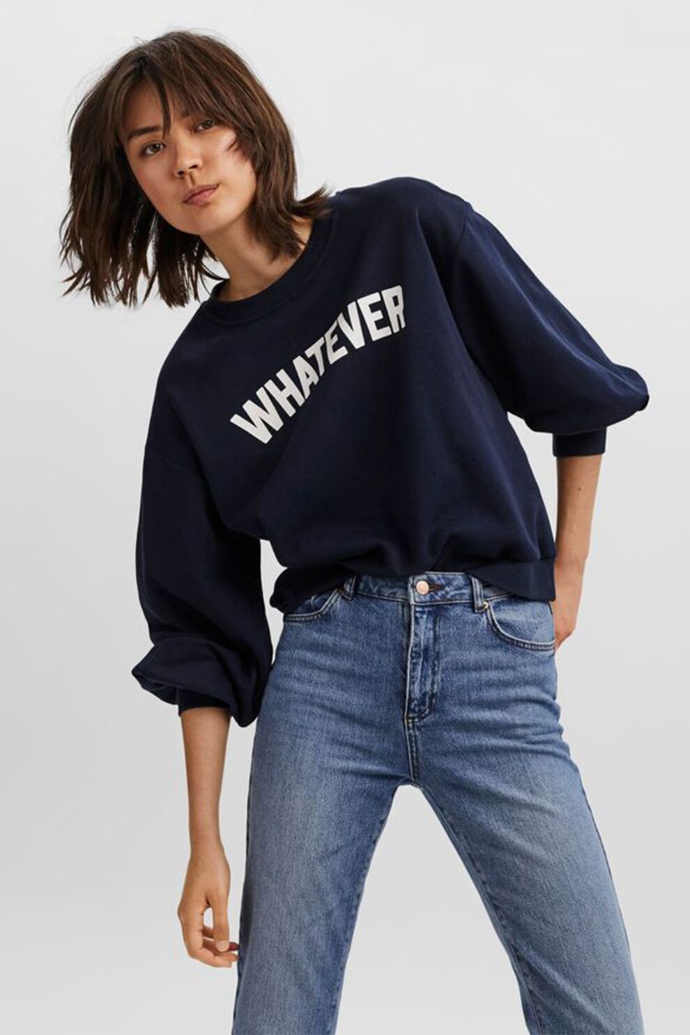Vero Moda, Bluza sport din amestec de bumbac cu umeri cazuti, Bleumarin