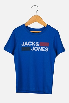 Jack&Jones, Tricou cu decolteu la baza gatului si imprimeu logo, albastru inchis/alb