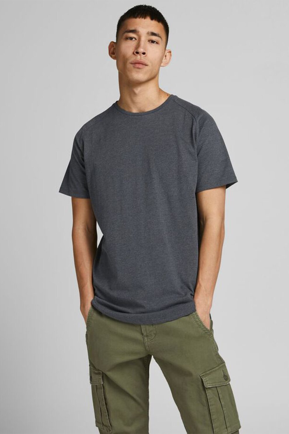 Jack&Jones, Tricou de bumbac organic cu terminatie rotunjita, Gri inchis melange