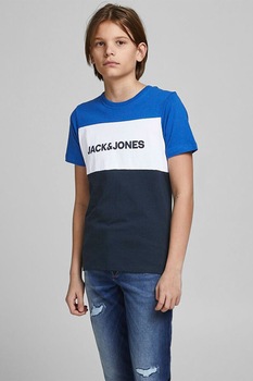 Jack&Jones, Tricou din bumbac cu model colorblock, Bleumarin/Gri melange/Alb