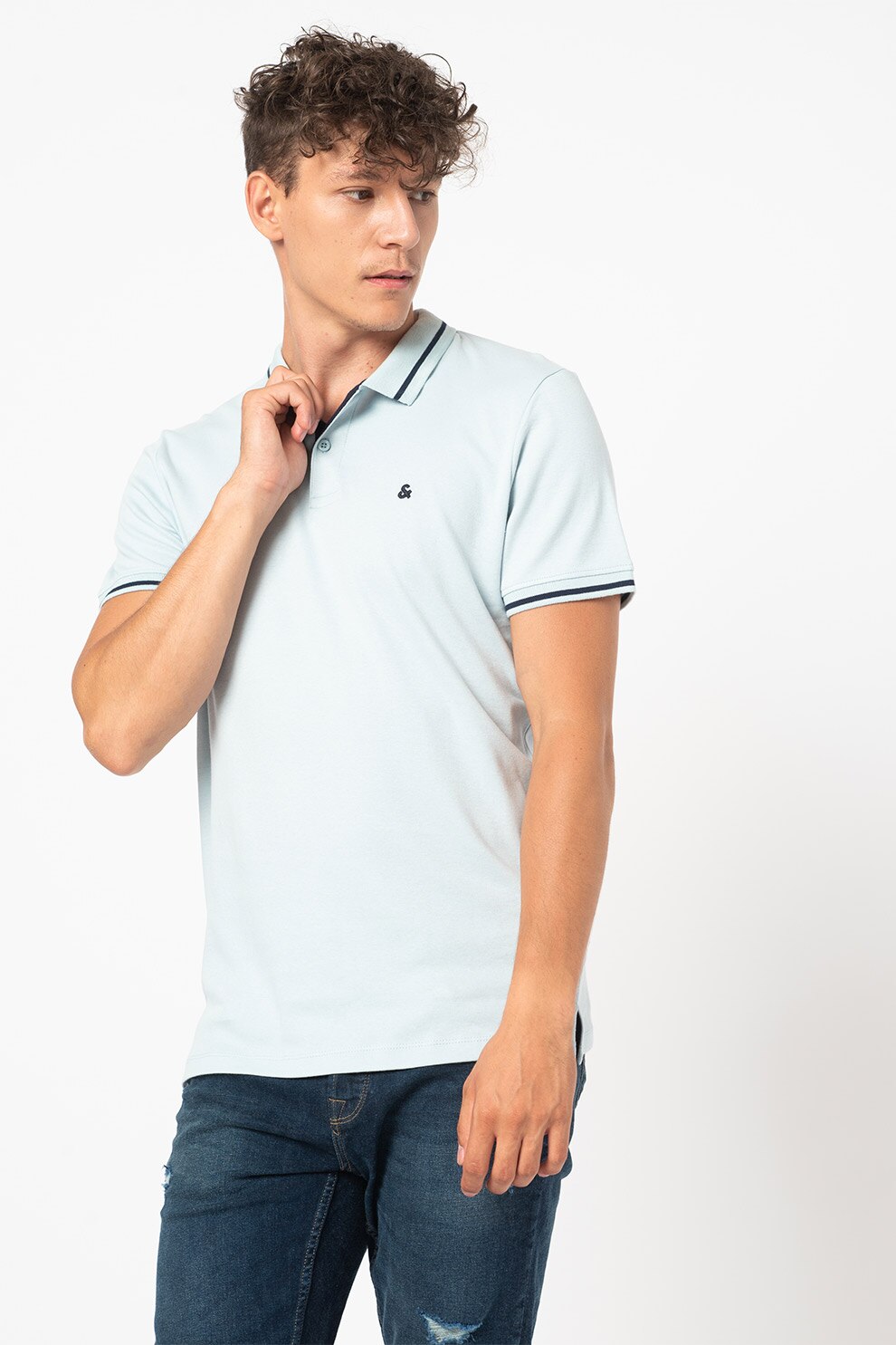 Jack&Jones, Tricou polo de bumbac, Albastru deschis