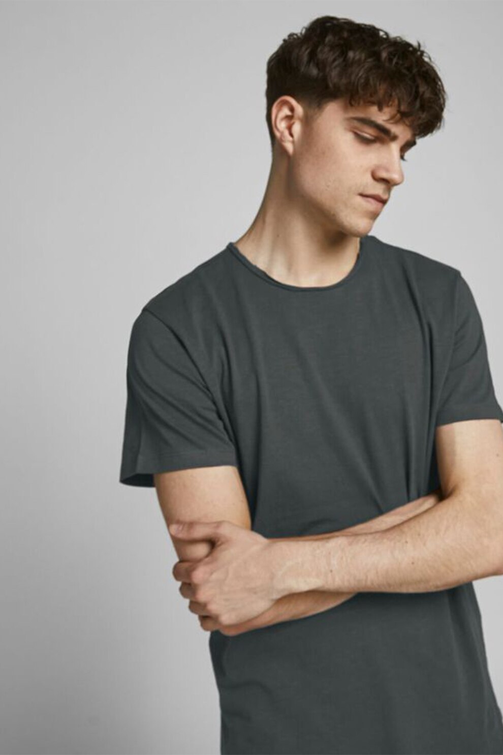 Jack&Jones, Tricou de bumbac organic cu decolteu la baza gatului, Gri inchis