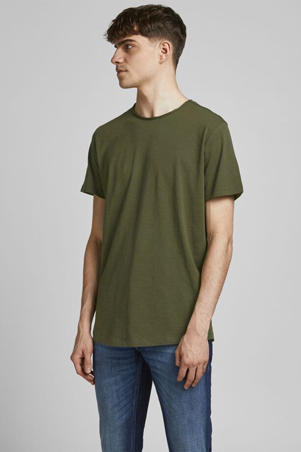 Jack&Jones, Tricou de bumbac organic cu decolteu la baza gatului, Verde militar