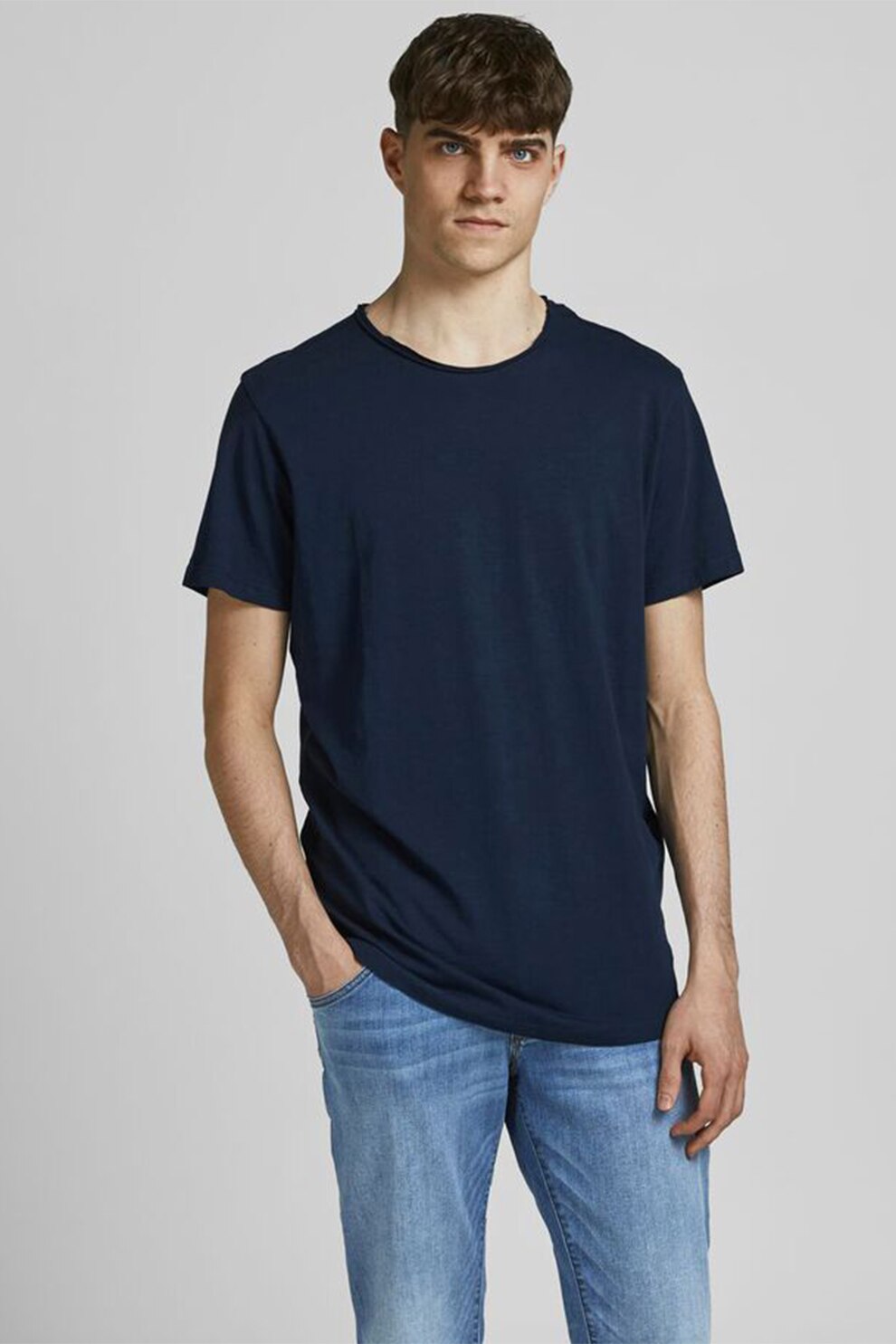 Jack&Jones, Tricou de bumbac organic cu decolteu la baza gatului, Bleumarin