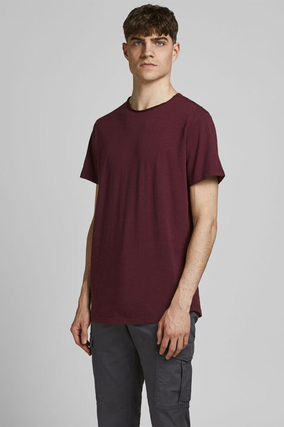 Jack&Jones, Tricou de bumbac organic cu decolteu la baza gatului, Violet pruna
