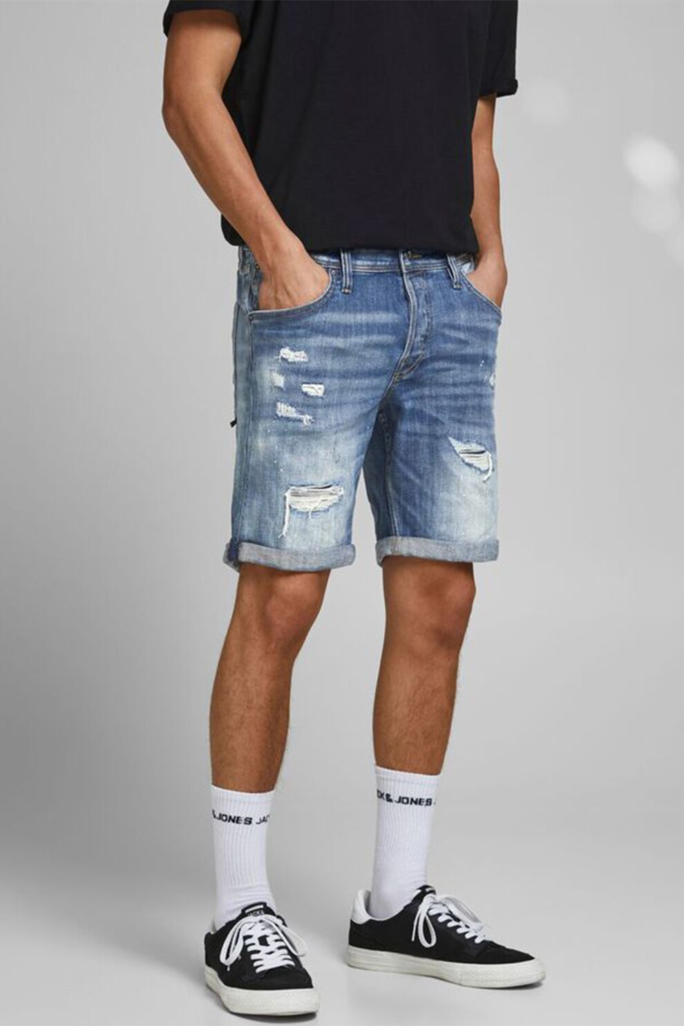 Jack&Jones, Pantaloni scurti regular fit cu detalii cu aspect deteriorat, Albastru deschis