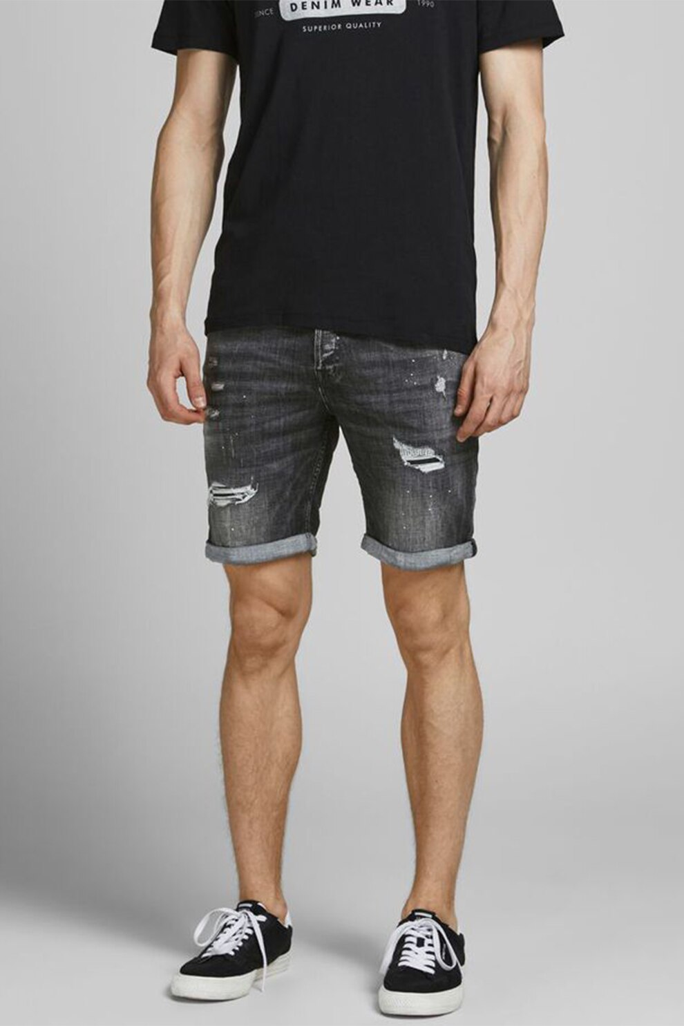 Jack&Jones, Pantaloni scurti din denim cu aspect deteriorat, Gri inchis