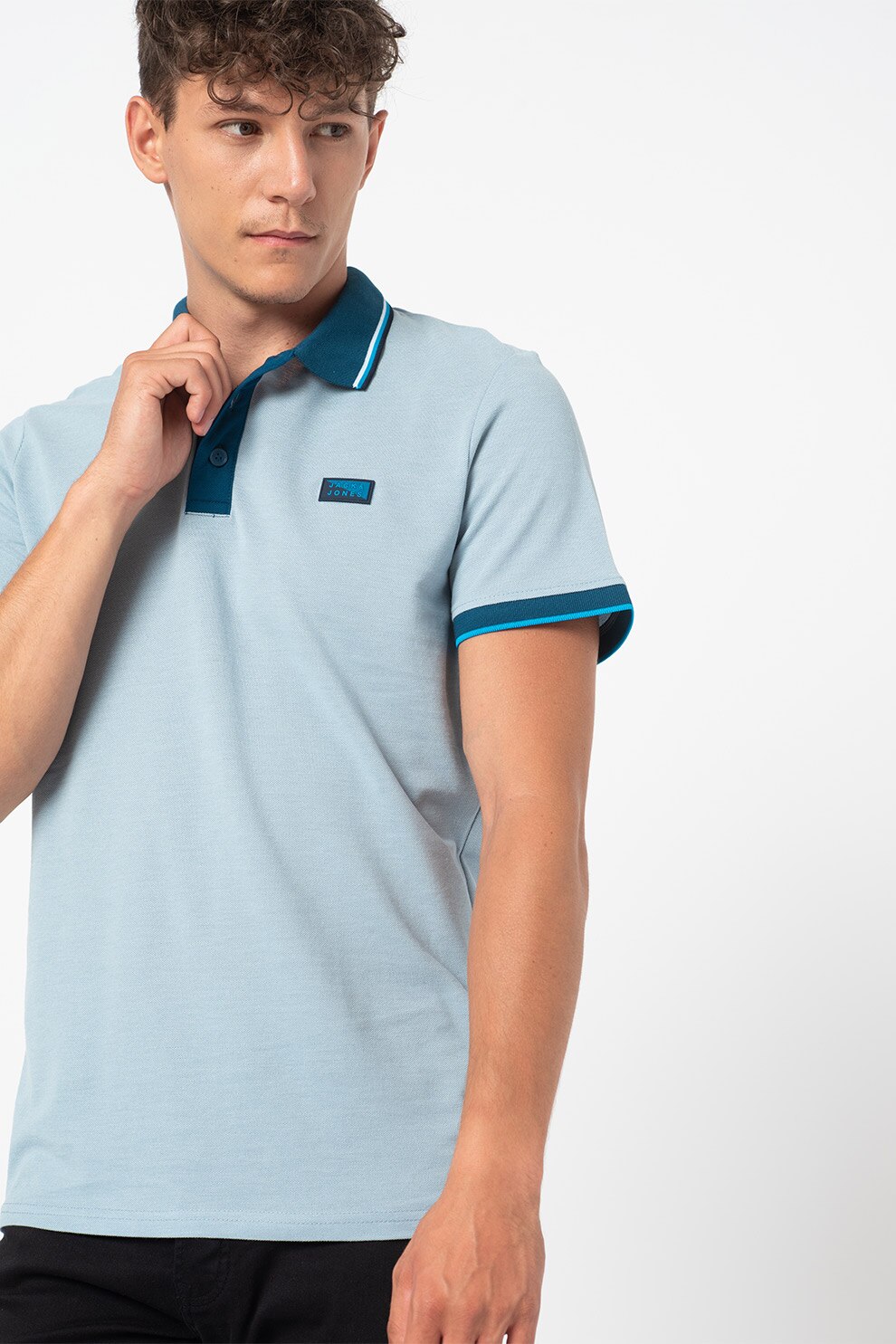 Jack&Jones, Tricou polo de material pique Charming, Albastru azur