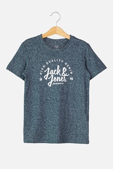 Jack&Jones, Tricou cu decolteu rotund si imprimeu logo, Albastru inchis melange/Alb, 152 CM