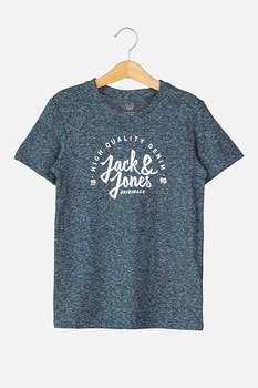 Jack&Jones, Tricou cu decolteu rotund si imprimeu logo, Albastru inchis melange/Alb, 152 CM Jack&Jones, Tricou cu decolteu rotund si imprimeu logo, Albastru inchis melange/Alb, 152 CM