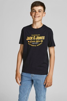 Jack&Jones, Tricou cu decolteu rotund si imprimeu logo, Negru/Galben, 140 CM