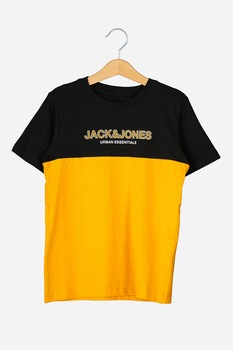 Jack&Jones, Tricou de bumbac organic cu model colorblock, Negru/Oranj