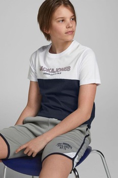 Jack&Jones, Tricou de bumbac organic cu model colorblock, Alb/Bleumarin Jack&Jones, Tricou de bumbac organic cu model colorblock, Alb/Bleumarin