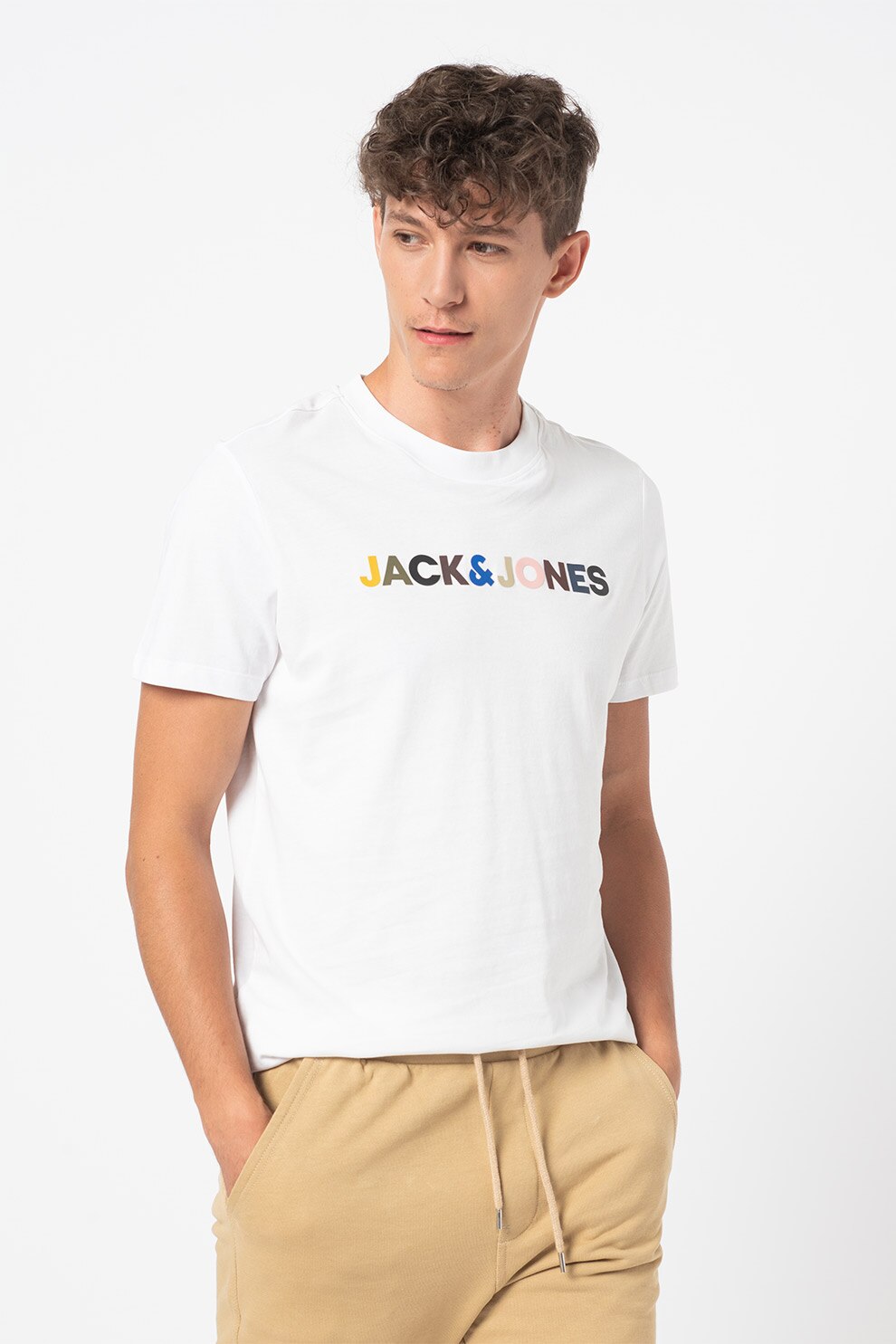 Jack&Jones, Tricou cu imprimeu logo si decolteu la baza gatului, Alb
