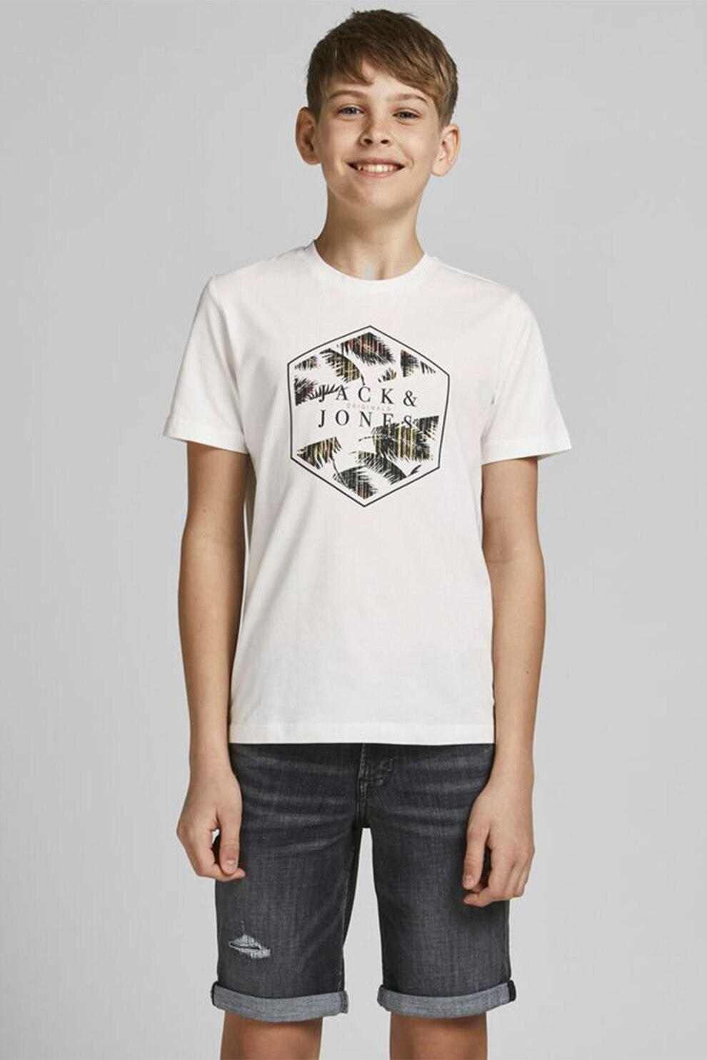 Jack&Jones, Tricou cu imprimeu tropical, Alb