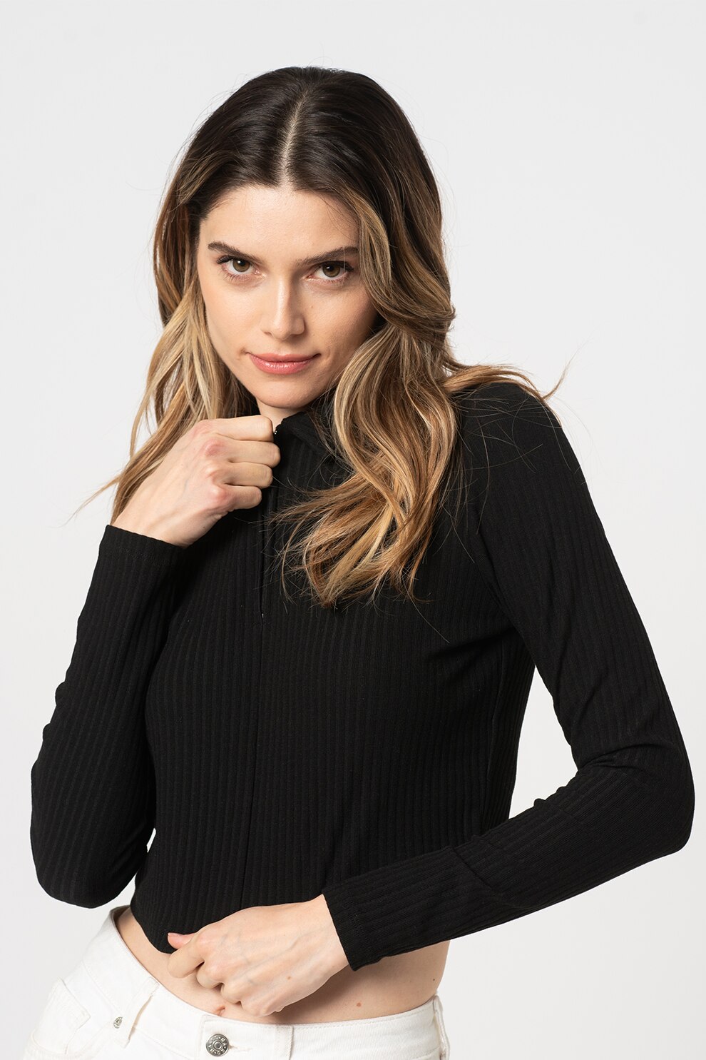 Only, Bluza striata cu fenta scurta cu fermoar Nella, Negru