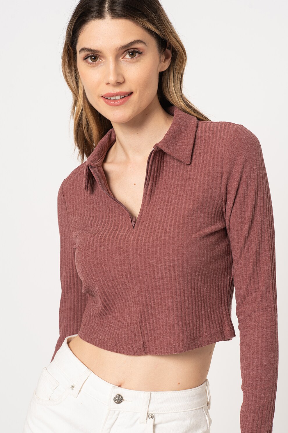 Only, Bluza striata cu fenta scurta cu fermoar Nella, Rosu stins