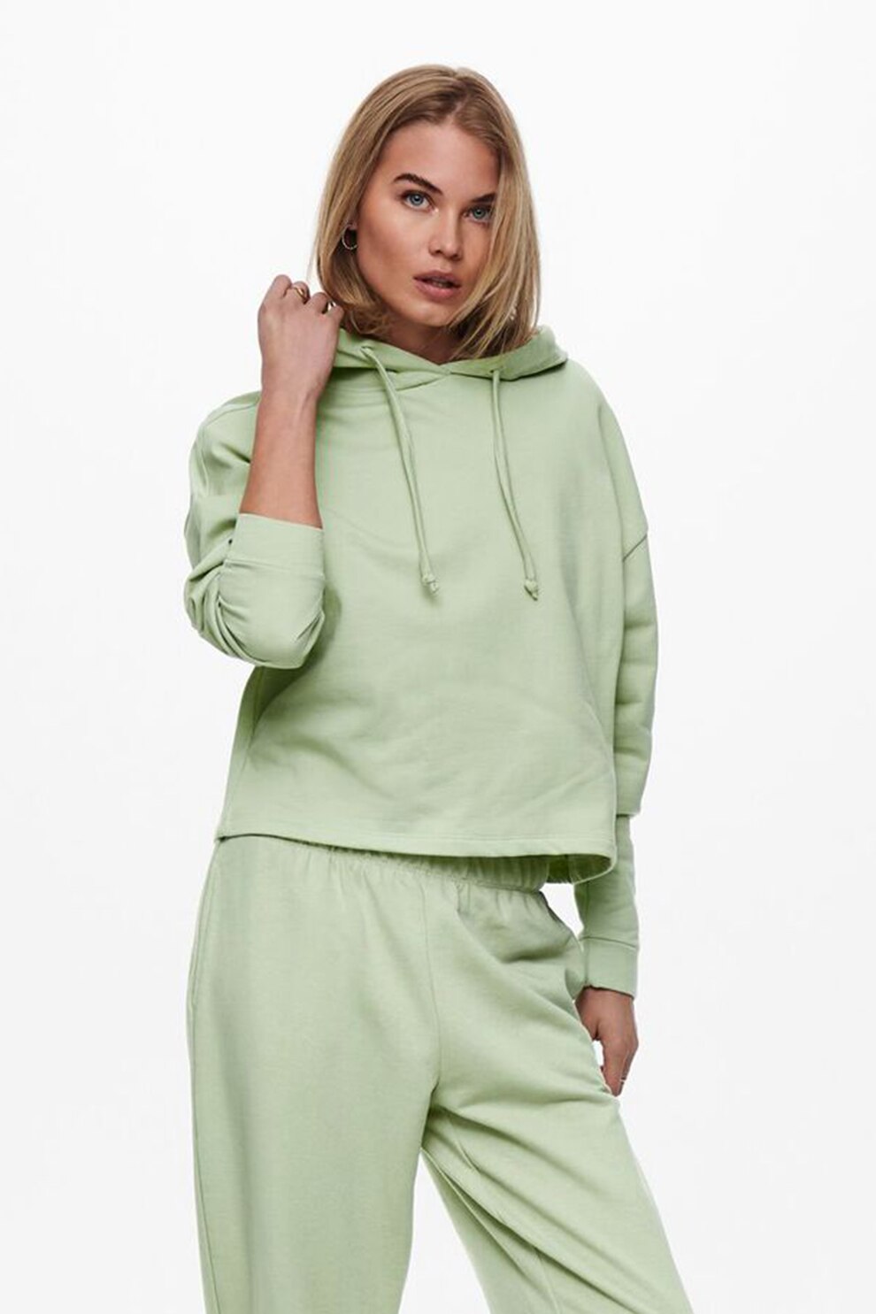 Only, Hanorac din amestec de bumbac cu maneci cazute, Verde pal