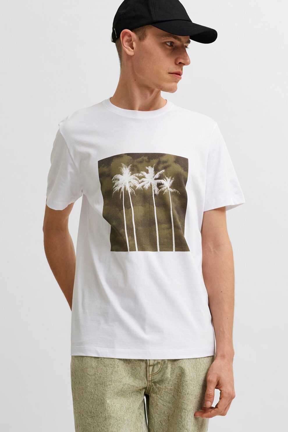 Selected Homme, Tricou regular fit de bumbac organic, Alb/Verde militar
