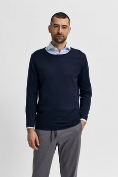 Selected Homme, Pulover tricotat fin din amestec de lyocell si bumbac organic, Bleumarin inchis Selected Homme, Pulover tricotat fin din amestec de lyocell si bumbac organic, Bleumarin inchis