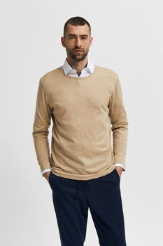Selected Homme, Pulover tricotat fin din amestec de lyocell si bumbac organic, Bej Selected Homme, Pulover tricotat fin din amestec de lyocell si bumbac organic, Bej