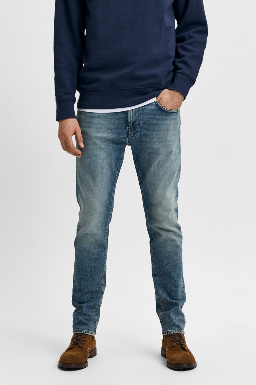 Selected Homme, Blugi slim fit din amestec de bumbac organic, Albastru prafuit