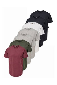 Only & Sons, Set de tricouri de bumbac cu decolteu la baza gatului Matt - 7 piese, gri, verde, rosu Bordeaux