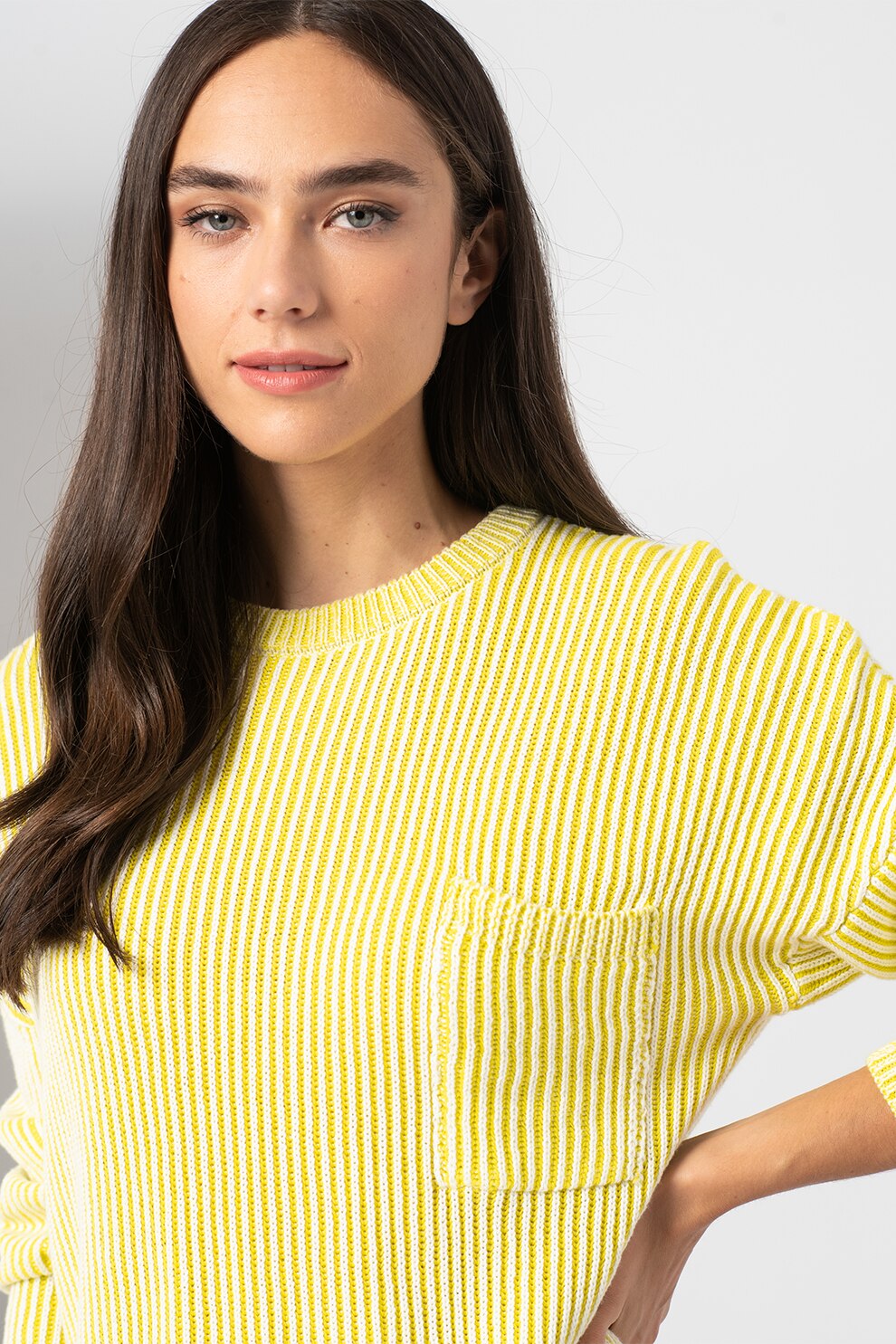 Noisy May, Pulover cu dungi si buzunar pe piept Sara, Galben/Alb, XL