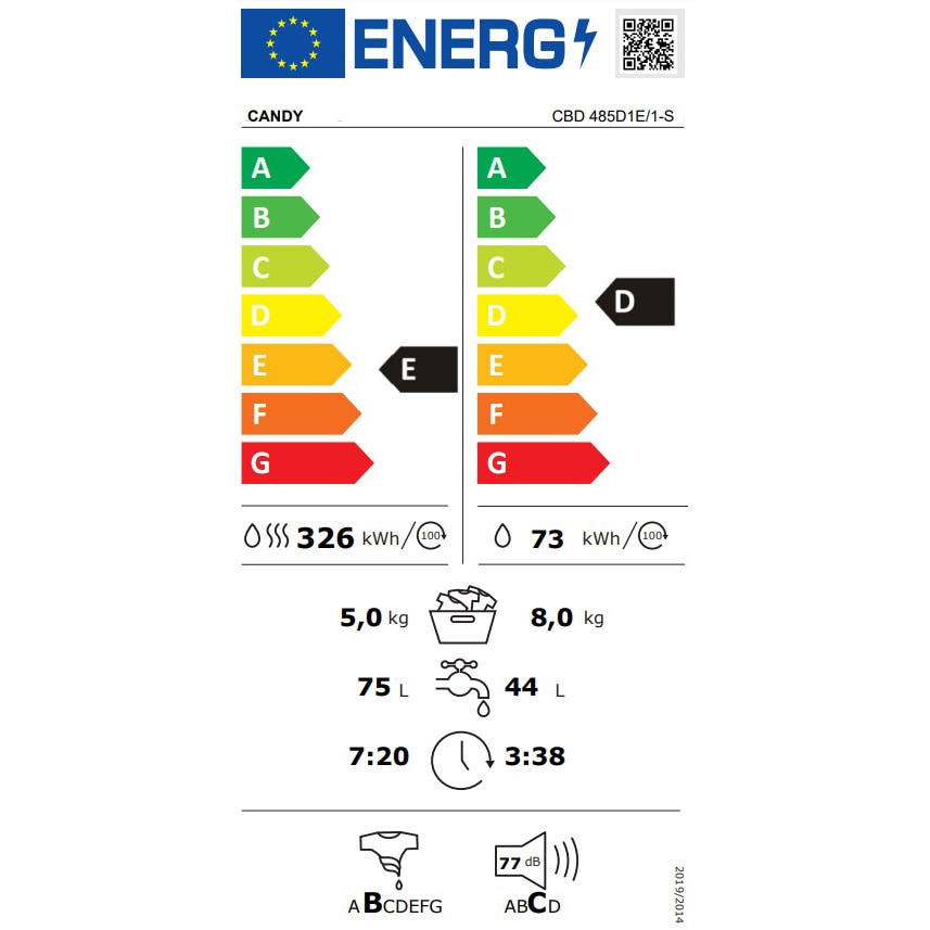 Masina de spalat rufe cu uscator incorporabila Candy CBD 485D1E/1-S, Clasa D, 1400 rpm, Spalare 8 kg, Uscare 5 kg, Easy Iron, Alb