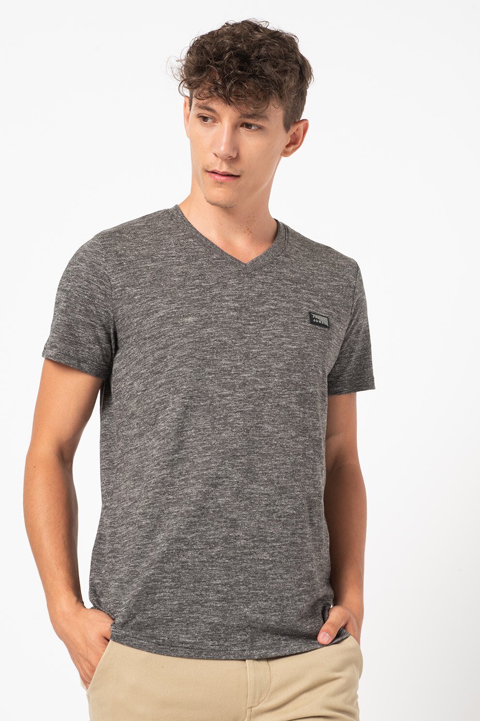 Jack&Jones, Tricou cu decolteu in V Dove, Gri inchis melange