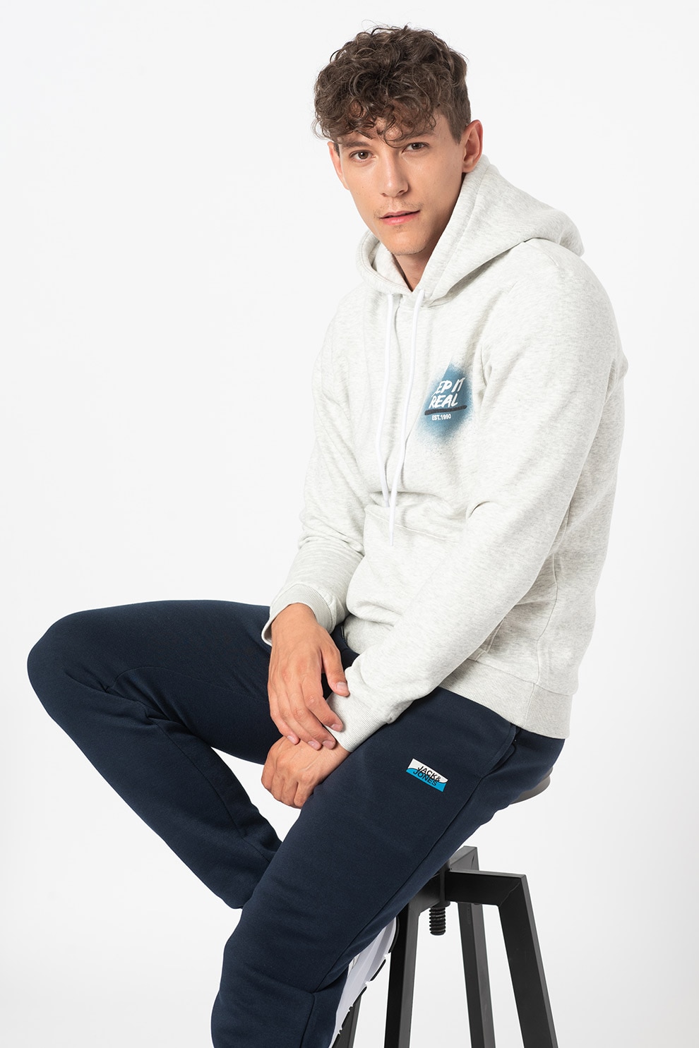 Jack&Jones, Hanorac cu buzunar kangaroo, Gri deschis melange, L