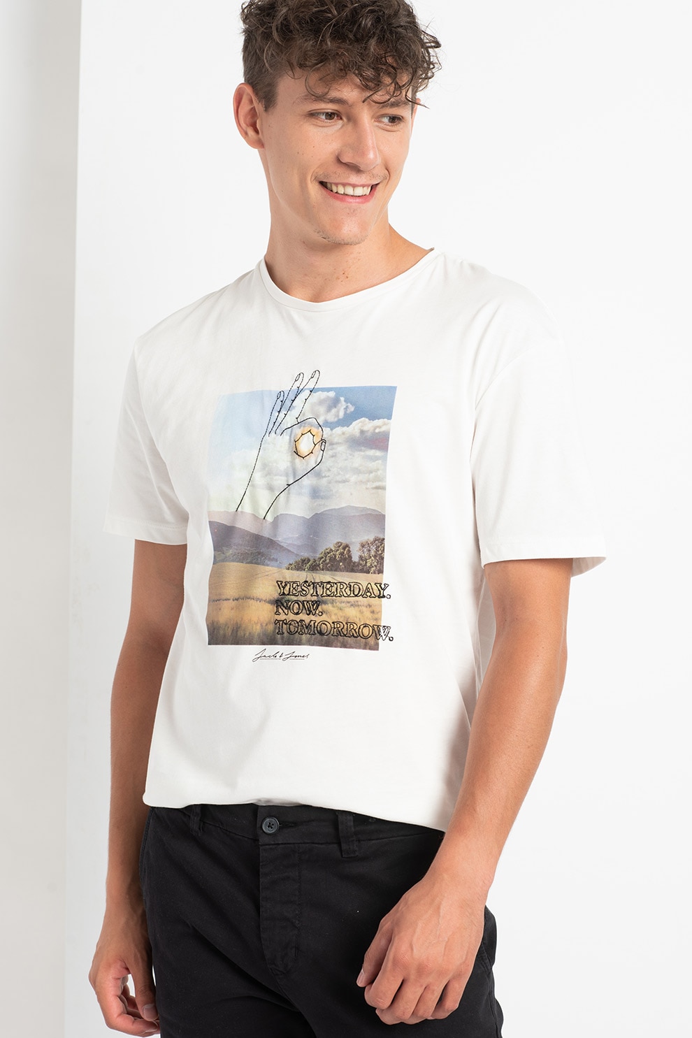 Jack&Jones, Tricou cu imprimeu Landscape, Alb
