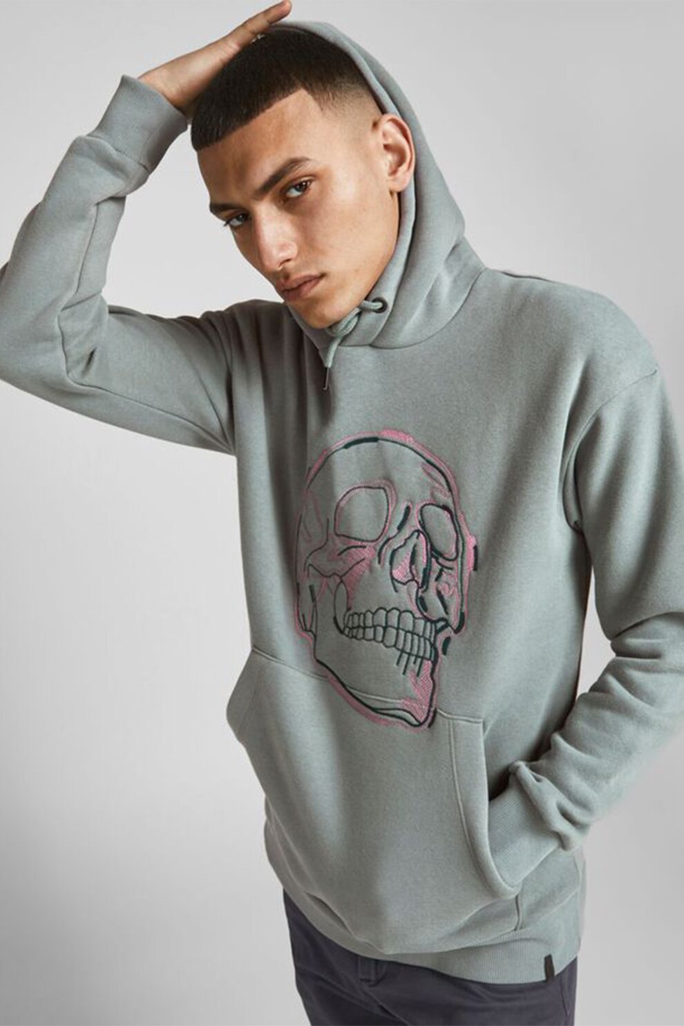 Jack&Jones, Hanorac relaxed fit cu broderie cu craniu, Gri/Roz