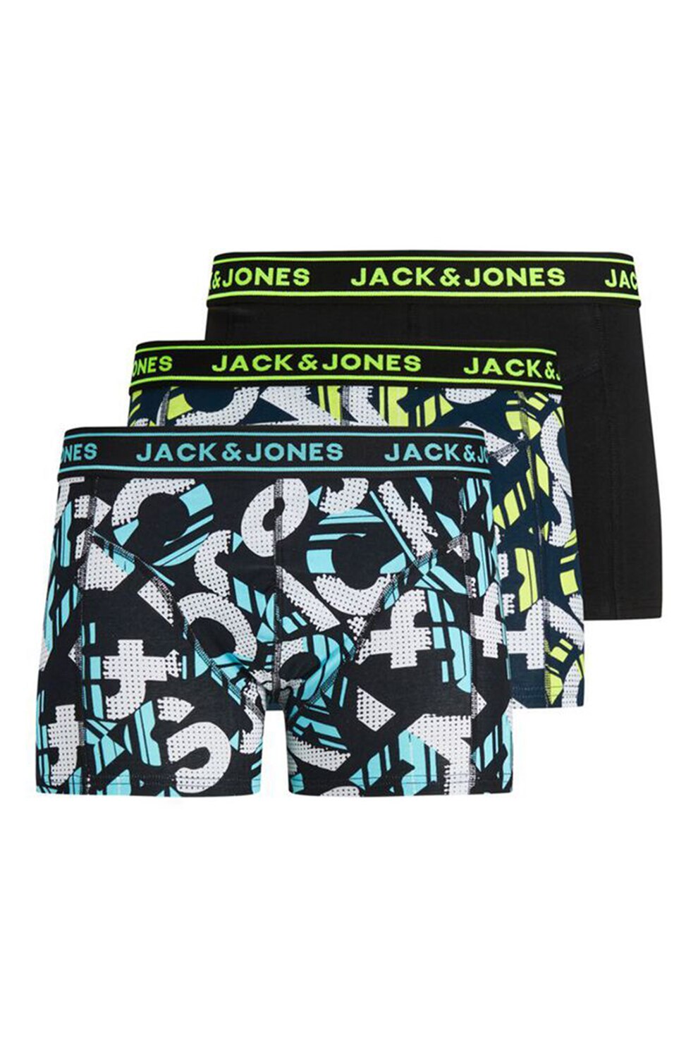 Jack&Jones, Set 3 perechi de boxeri, baieti, cu imprimeu logo, Albastru/Alb/Galben, Albastru/Alb/Galben, 140 CM
