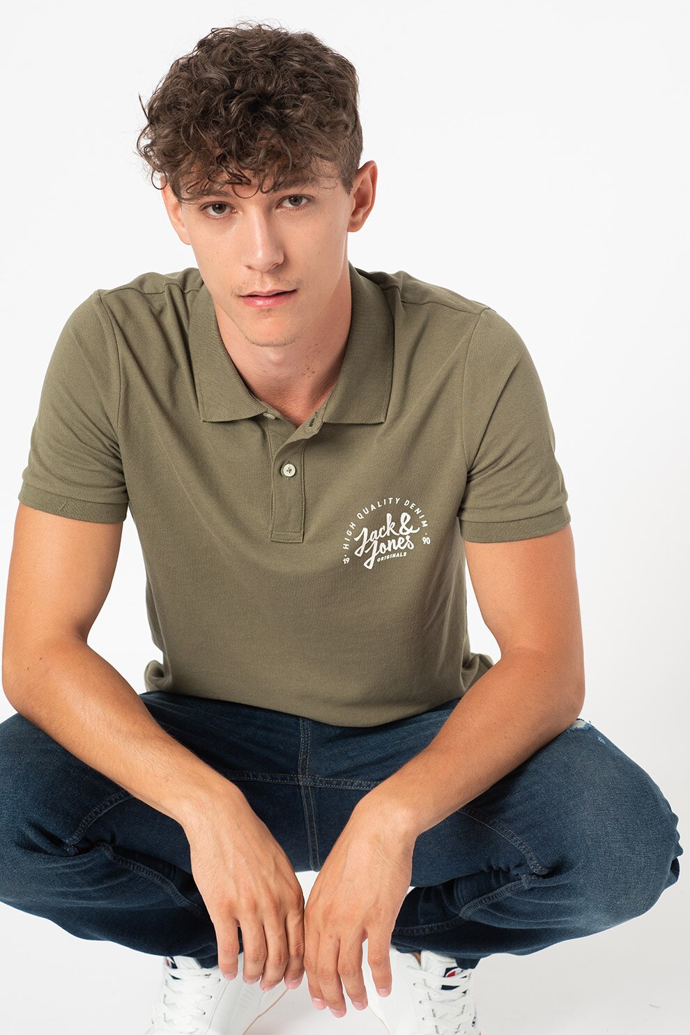 Jack&Jones, Tricou polo cu imprimeu logo Kimbel, Verde militar