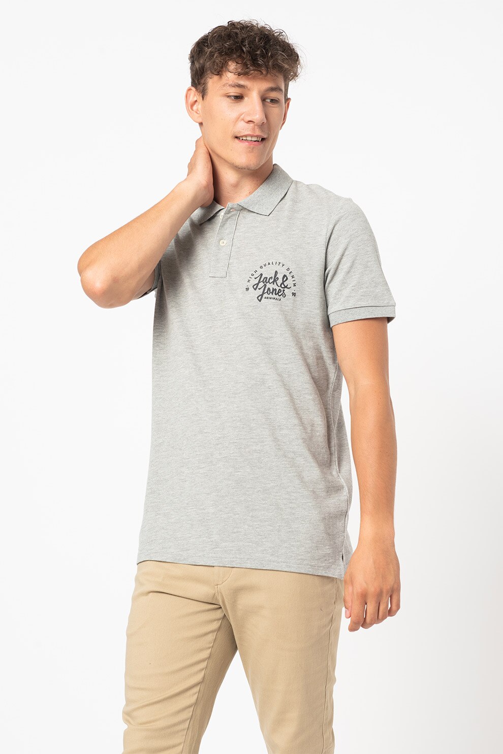 Jack&Jones, Tricou polo cu imprimeu logo Kimbel, Gri deschis melange