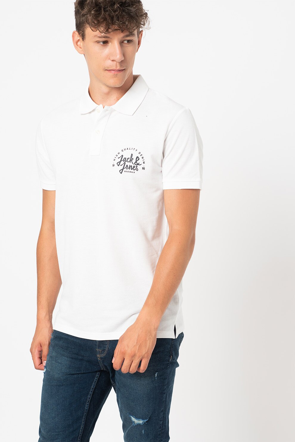 Jack&Jones, Tricou polo cu imprimeu logo Kimbel, Alb