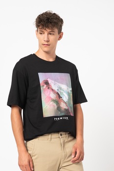 Jack&Jones, Tricou cu decolteu la baza gatului si imprimeu grafic Blacallie, Negru Jack&Jones, Tricou cu decolteu la baza gatului si imprimeu grafic Blacallie, Negru