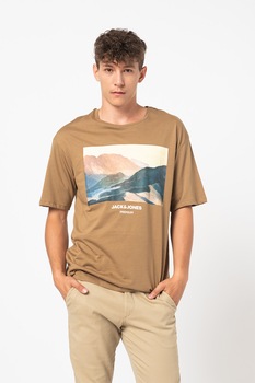 Jack&Jones, Tricou cu decolteu la baza gatului si imprimeu grafic Blacallie, Cafeniu Jack&Jones, Tricou cu decolteu la baza gatului si imprimeu grafic Blacallie, Cafeniu