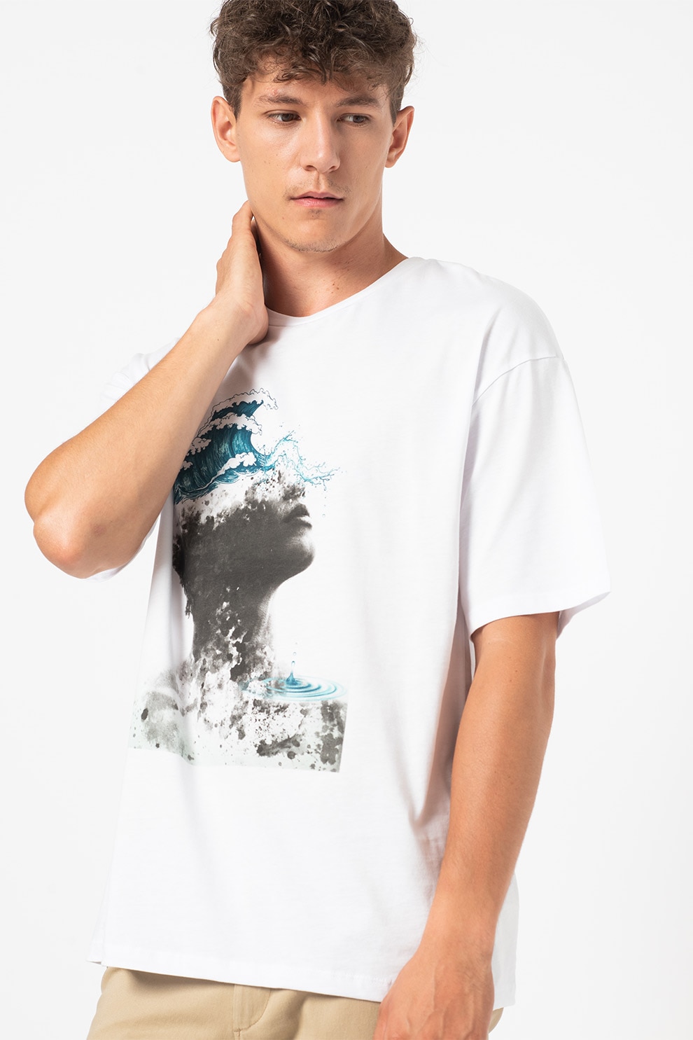 Jack&Jones, Tricou cu decolteu la baza gatului si imprimeu grafic Blacallie, Alb